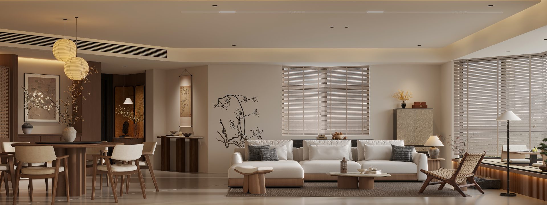 ED Design 中半山 Bamboo Grove 住宅案例，以溫潤米色、木材、藤編、紙燈及水墨藝術設計當代東方客飯廳